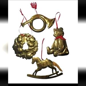 4 Vintage Dept 56 Brass Metal Christmas Ornaments Set Wreath Horse Bear Horn